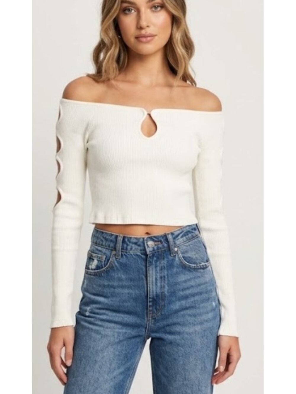 Alice McCAll White Off Shoulder Cropped Top Ribbed Knit Fitted Cut Out Size 4